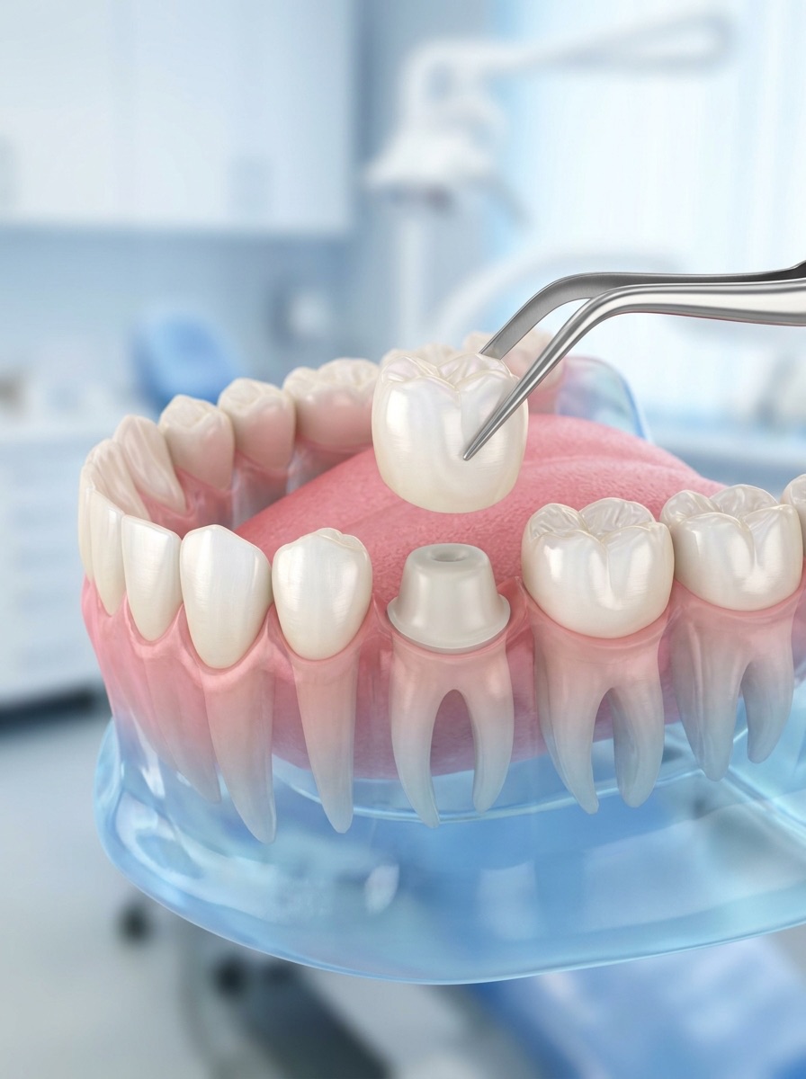 Zirconia crown being placed on a prepared tooth